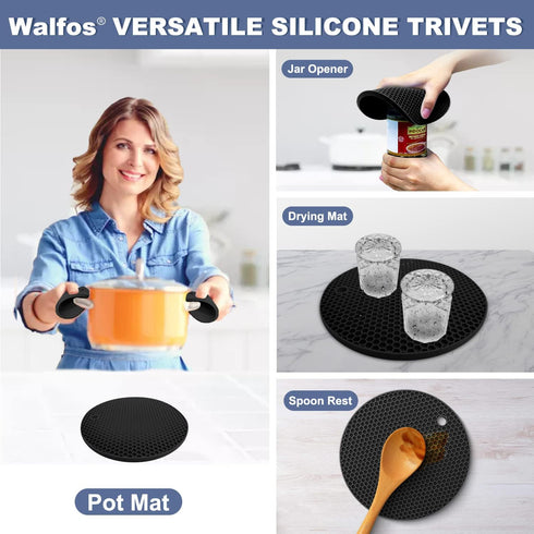 Silicone Trivet Mats, Walfos Heat Resistant Pot Holders Set, 4pcs in 7 Inch & 9 Inch for Hot Pots & Dishes (Black)