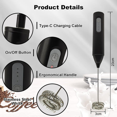 Rechargeable Handheld Milk Frother, Electric Drink Mixer with USB-C, Stainless Steel Whisk for Lattes, Black