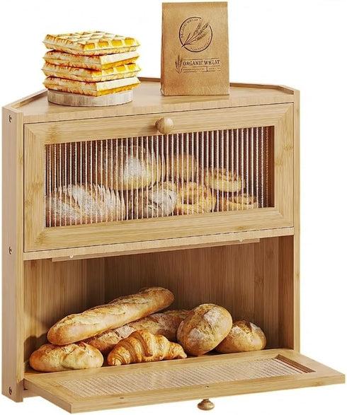 BAMBANG Corner Bread Box for Kitchen Countertop, Double Layer Bamboo Bread Storage
