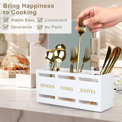 Ayiaren Wood Flatware Silverware Caddy, White Cutlery Holder for Kitchen Utensils Organizer