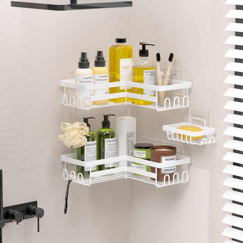 3 Pack StorageRight Corner Shower Caddy, Adhesive Bathroom Accessories with Soap Holder, Storage Stainless Shower