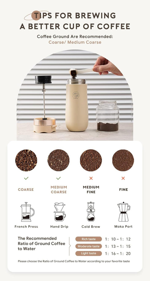 BENFUCHEN 12oz Travel Coffee Press, Vacuum Insulated Portable French Press in Beige