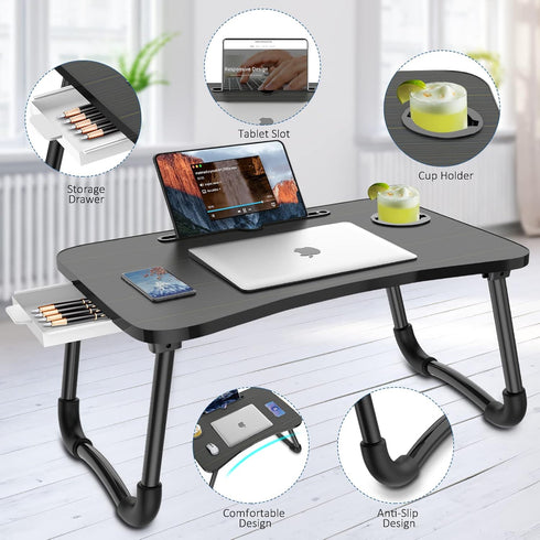 Zapuno Foldable Laptop Bed Table Multi-Function Lap Serving Tray Dining Table with Storage Drawer and Water Bottle