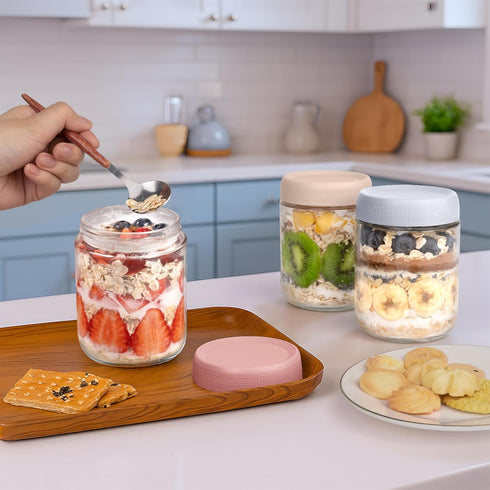 SECLENT 6 Pack 16oz Overnight Oats Containers with Lids, Wide Mouth Mason Jars, Suger Bowls, Glass Food Containers