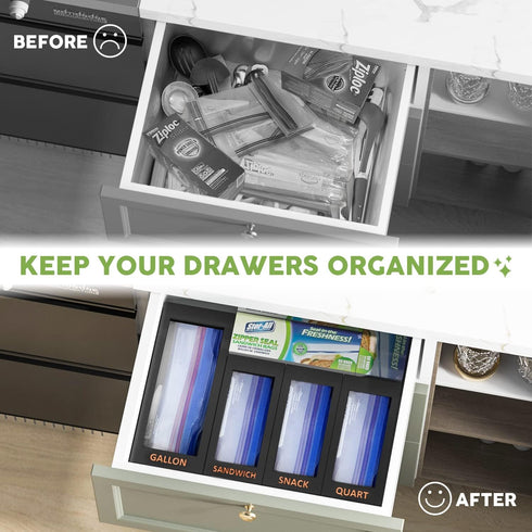 DALSHABET Bamboo Storage Bag Organizer for Kitchen Drawer, 4 Separate Food Storage Bag Organizer, 12x14 Baggie