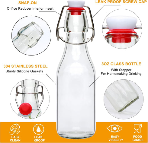 QAPPDA 16 Pack 8 oz Swing Top Glass Bottles with Stoppers, Flip Top Brewing Bottles for Homemade Kombucha and More