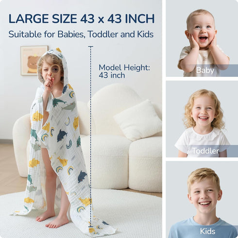 Towels,100% 43x43 Inch Toddler Hooded Bath Cotton Muslin Baby Towels for Boys Girls,Ultra Soft & Absorbent Quick Dry