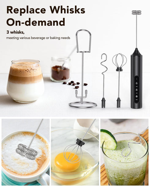 3-in-1 3 Electric Milk Frother with Stand, Rechargeable LED Display & Speeds - Portable Whisk for Coffee, Protein