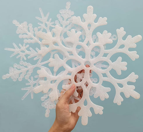 6pcs Large White Snowflakes Ornaments, 12 Big Plastic Glitter Snowflake for Winter Indoor Outdoor Christmas Decorations