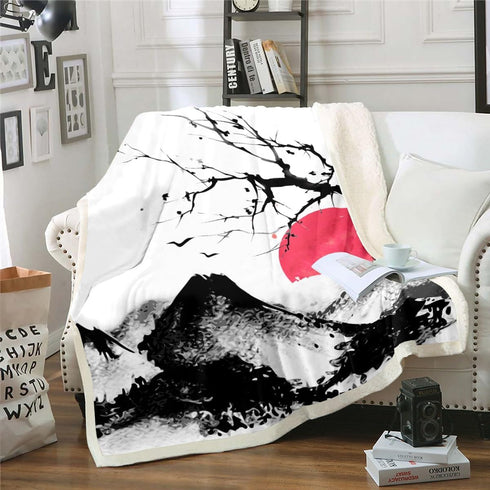 Erosebridal Mount Fuji Blanket Throw, Mountain Cherry Branches Red Sun Ink Painting
