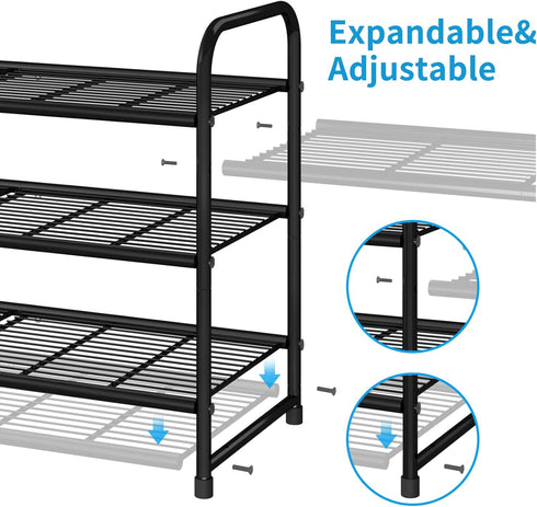 3-Tier Simple Trending Stackable Shoe Rack, Expandable & Adjustable Shoe Shelf Storage Organizer, Wire Grid, Black
