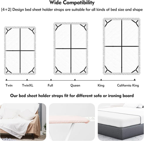 Bed Sheet Holder Straps, 4+2 Pcs Adjustable Mattress Sheet Clips, Elastic Fasteners to Keep Bed Sheet in Place