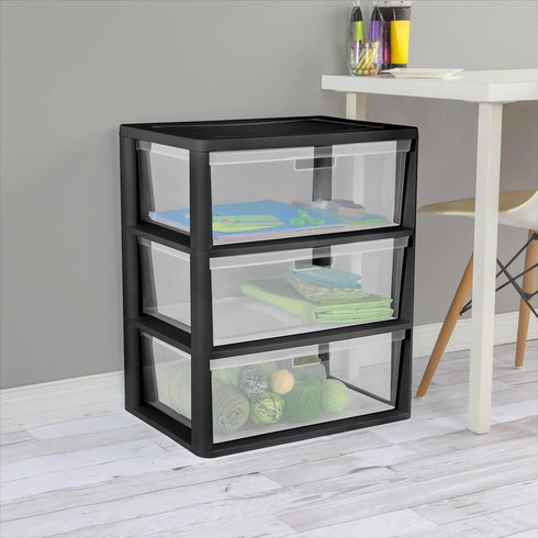 CLMSTE 3 Plastic Drawer Wide Tower Plastic Storage Cart with Clear Pull Out Drawers, Black