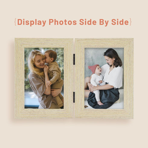 Golden State Art 4x6 Double Picture Frame, Vertical Hinged Folding Family Frames with Real Glass (Beige, 1-Pack)
