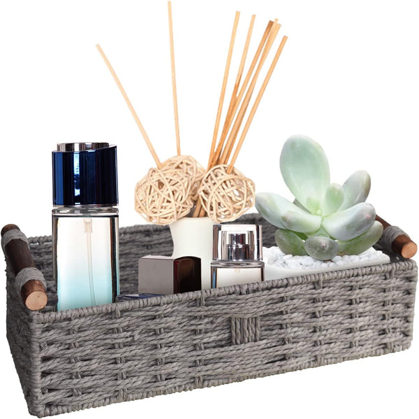 Round Grey Paper Rope Storage Basket, Wicker Baskets for Organizing with Handle, Decorative Storage Bins