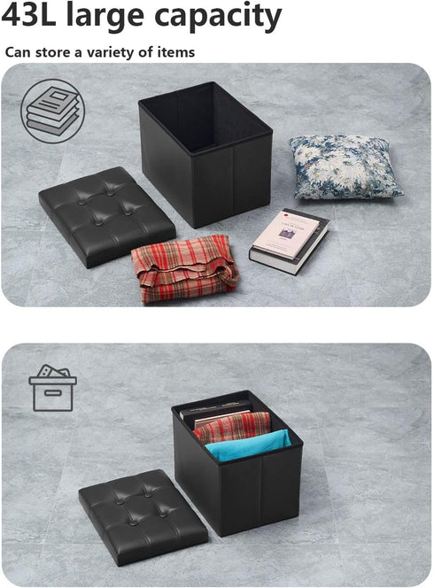 17x13x13in,Black Bsketa Storage Ottoman, Folding Foot Stool with Thicker Foam Padded Seat Small Leather Storage Ottoman