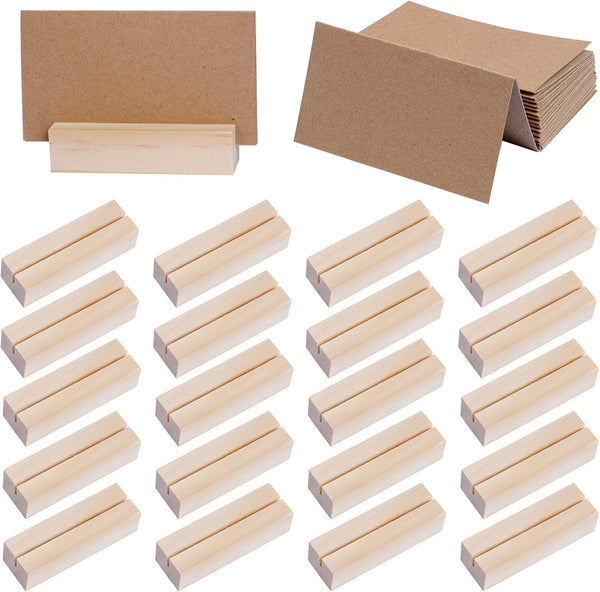 20 Pieces Rustic Wooden Place Card Holders with Brown Paper Cards for Wedding Reception Party Decoration, 2.75inch