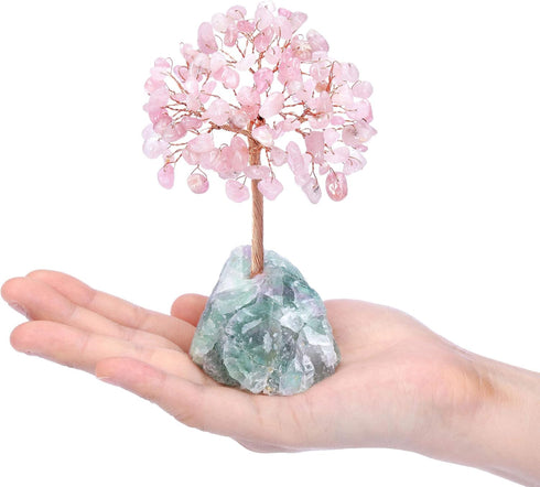 Jovivi Natural Rose Quartz Crystal Tree, Bonsai Money Tree with Raw Healing Crystals Fluorite Base for Home Office Decor