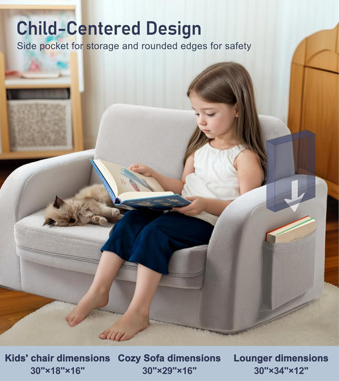 3-in-1 Extra Wide Convertible Kids Couch, Flip Open Toddler Couch to Lounger, Comfy Toddler Chair, Machine-Washable