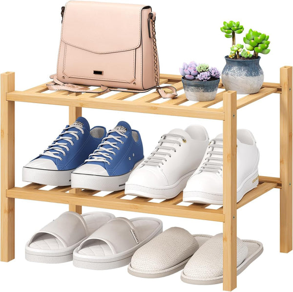 viewcare Small Shoe Rack, 2-Tier Shoe Rack for Entryway, Bamboo Wood Shoe