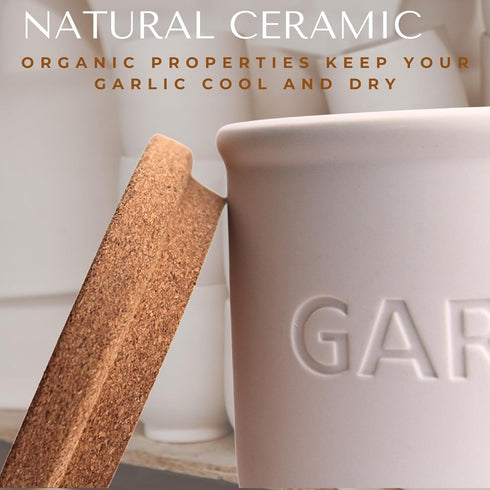 Okavango Countertop 16oz) Garlic Keeper - White Ceramic Container with cork lid - Garlic Storage - Garlic Holder