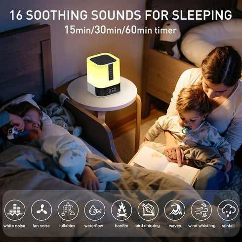 APUZOM 48 16 White Noise Sound Machine Alarm Clock with Bluetooth Speaker, Night Light, Soothing Sounds for Baby Adults