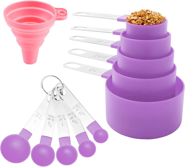 Huygens Measuring Cups and Spoons Set, 10 Pieces Stackable Stainless Steel Handle for Dry and Liquid Ingredients (Mauve)