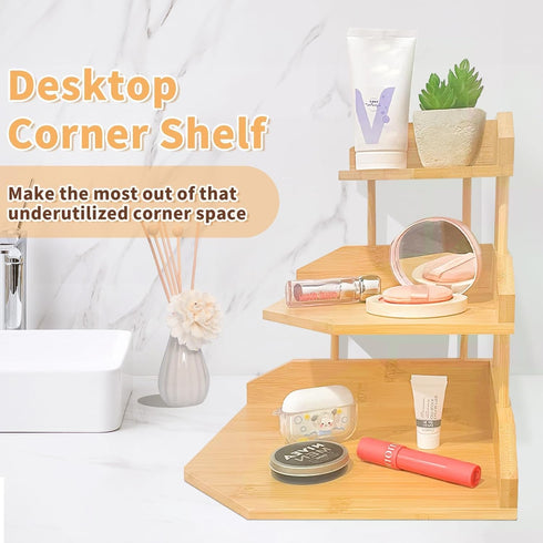 3-Tier HYNAWIN Bamboo Corner Desk Organizer Shelf, Triangle Storage Rack for Office & Home, Space-Saving Desktop Shelf
