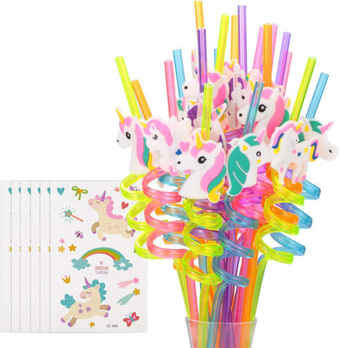 24 Reusable Unicorn Drinking Plastic Straws + 6 Temporary Tattoos for Girls, Birthday Party Supplies