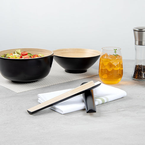 Restaurantware Bambuddha 9.8 Inch Bamboo Serving Set, 2-Piece Black Bamboo Salad Server Set with Heavy-duty Tongs