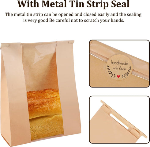 50 Packaging Giving14 8.3 3.3 Pcs Bread Bags with Window Bread Bags for Homemade Bread Sourdough with Metal Tin Strip