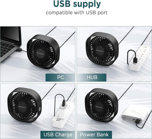 EasyAcc USB Desk Fan: 3 Speeds USB Powered Fan, 360° Rotatable Personal Table Fan for Home, Bedroom, Office (No Battery)