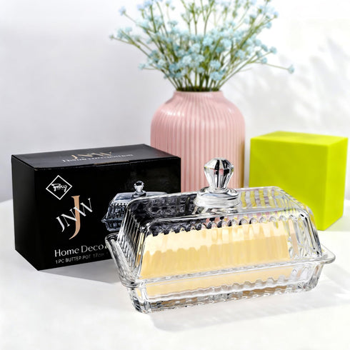 Countertop Clear Glass Butter Dish with Lid, Covered Crystal Butter Holder Container for & Fridge