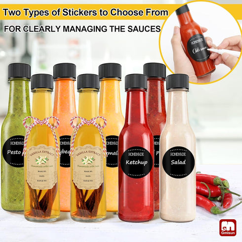 5 oz, 24 Pack Woozy gmisun Hot Sauce Bottles Vanilla Extract Bottles with Shrink Capsules, Glass Bottle with Labels