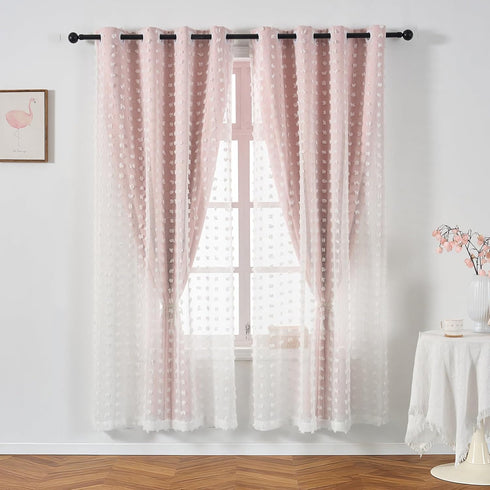 1 72 Inch Pink Blackout Curtain for Girls Bedroom Panel, Double Layered Curtain with Pom Pom White Sheer Overlay, Light