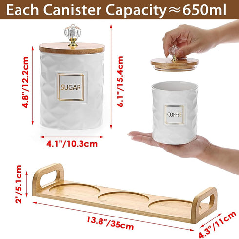 JUXYES Set 3 Set Sets Counter of Ceramic Canisters for Sugar Coffee Tea With Handle Tray, Luxurious Storage Containers