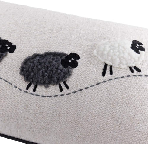 JWH Decorative Animal Embroidery Sheeps Pillow Cover, Cotton Lumbar Cushion for Sofa Couch Bed, 12x20 Inch White and
