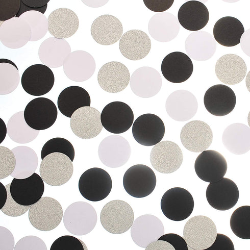 Glitter Confetti Circle Dots for Table Decoration, 1.2 inch Diameter (Silver Glitter, Black, White, 200pc)