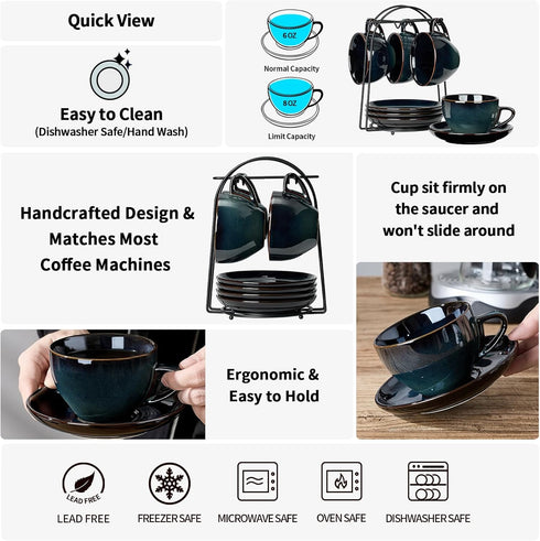 SIDUCAL Espresso Cups Set of 4, 8oz Porcelain Coffee Cups with Saucers, Microwave/Dishwasher Safe