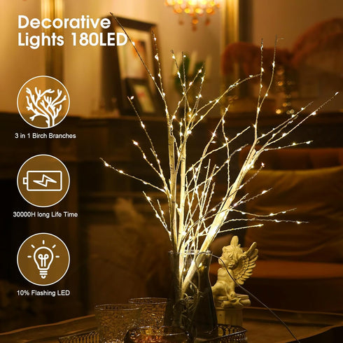 Lighted Birch Branches Pack of 3, 34IN 180 LED White Lighted Twig for Decoration, Timer Included