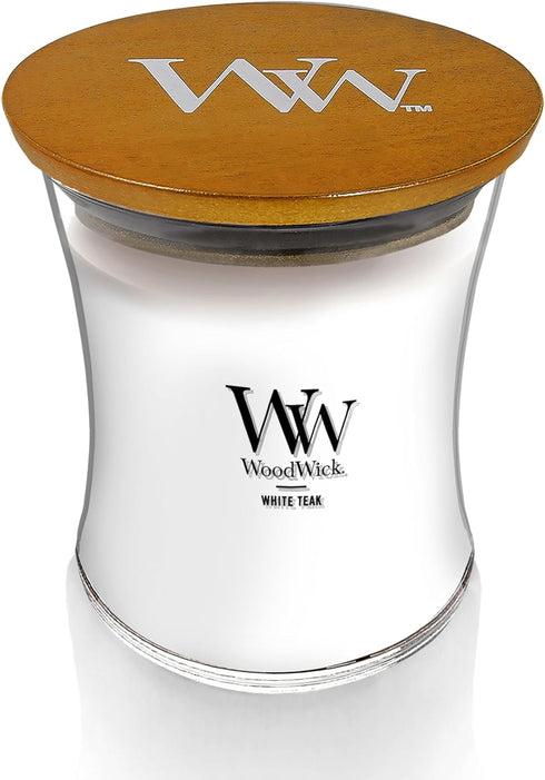 WoodWick Medium Hourglass Candle White Teak Premium Soy Blend Wax Pluswick Innovation Wood Wick Made in USA