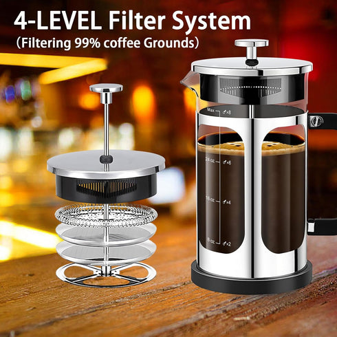 French Press Coffee Maker (34oz 1Quart 5-6Cup) Coffee Press, with 4 Filters System, Heat Resistant Thickness Borosilicate Glass, Cold Brew Coffee Tea Pot Gifts (Silvery) by YMMIND