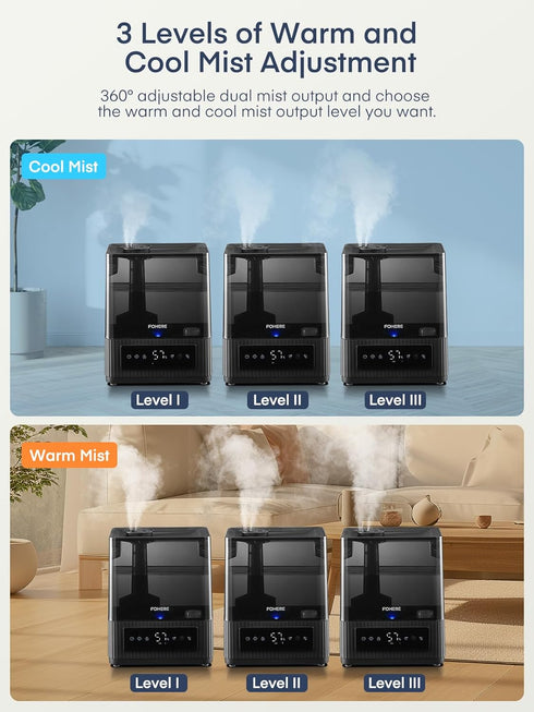 6L 60H 12H FOHERE Smart Humidifiers for Bedroom, Warm and Cool Mist Quiet Humidifier with Runtime, Humidity Control