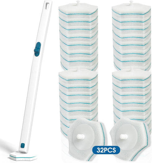 Disposable Toilet Brush Handle with 32 Count Refills, Upgraded Toilet Bowl Brush for Bathroom Cleaning