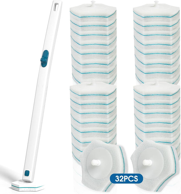 Disposable Toilet Brush Handle with 32 Count Refills, Upgraded Toilet Bowl Brush for Bathroom Cleaning