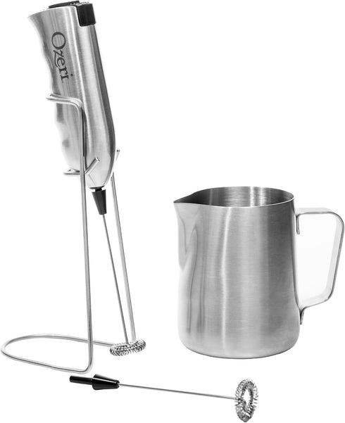 Ozeri Deluxe Milk Frother with 12 oz Frothing Pitcher in Stainless Steel and Extra Whisk Attachment
