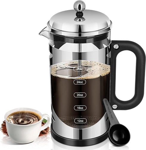 34 Ounce French Press Coffee Maker, Chromium Stainless Steel with 4-Level Filter System, Borosilicate Glass