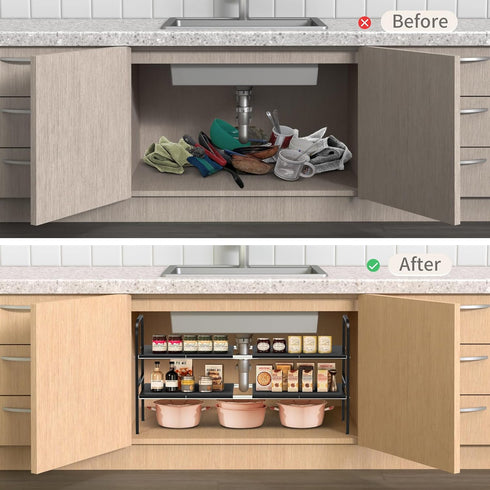 2-Tier 8 2-Tier 8 Expandable Under Sink Organizer, Removable Plastic Boards, Tool-Free Installation (Black, Boards)