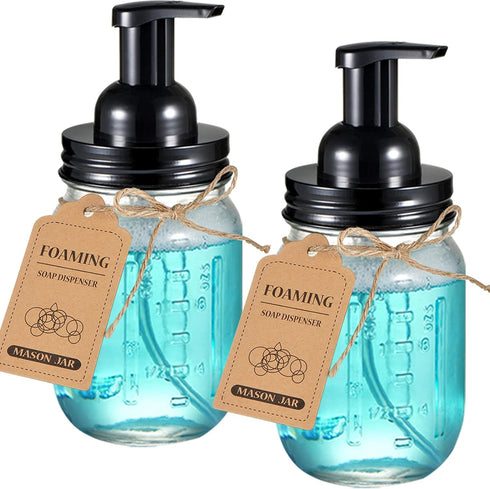 SheeChung Mason Jar Foaming Soap Dispenser, Rustproof Stainless Steel Lid & Pump, Glass for Bathroom Kitchen (2 pk)