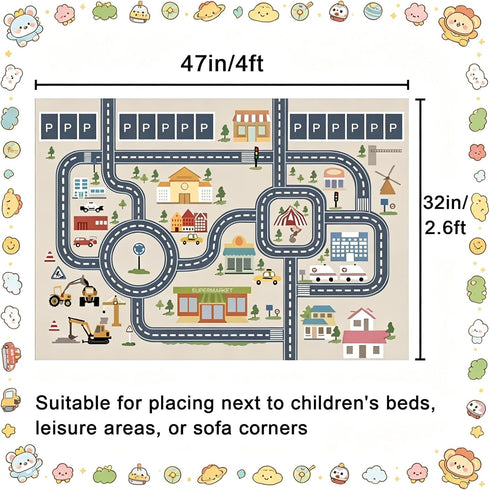HOJOMACA 3247inch, Car Rug Road Carpet Play Mat for Toy Cars, Non-Slip Race Track Carpet Rug, Educational Area Play